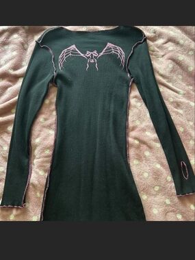 igirl...Black Ribbed Long Sleeve Dress with Pink Wing Stitching. M